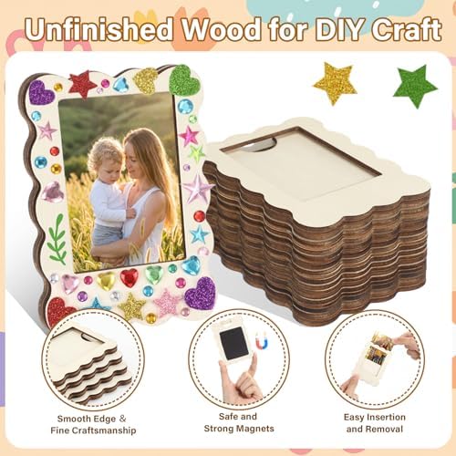 Yalikop 20 Pack Mini Picture Frame Crafts Wooden Magnetic Photo Frame, Wavy