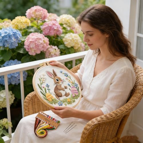 BoAn 3D Rabbit Embroidery Kit for Adults, DIY Hand Embroidery Craft Kit