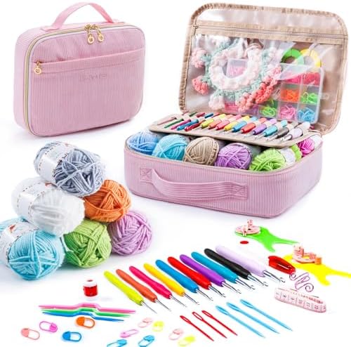 MYBAGZING Crochet Kit for Beginners with Yarn Storage Bag, 10pcs Crochet Hooks 2.0-6.0 mm, 10 Skeins Yarn for Crocheting, Knitting Accessories, 58pc Crochet Starter Kit for Adults