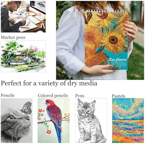 2 Pack Aesthetic Kids Spiral Cute Sketch Book,98lb/160gsm Acid Free Thick Paper Van Gogh A4 Blank Mixed Media Journal Art Sketchbook Artist Drawing Book Paper Painting Sketching Pad