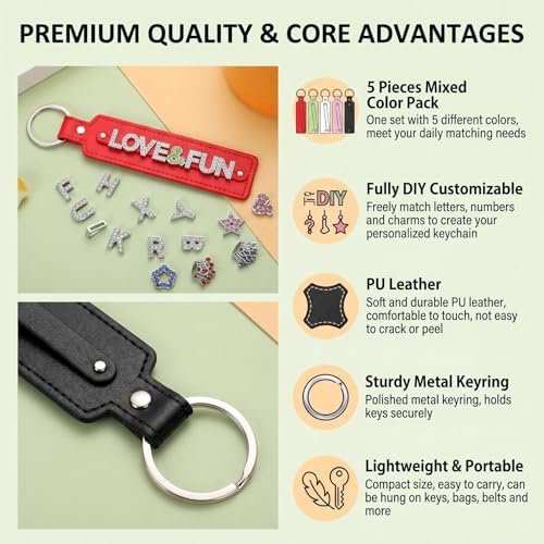 QUUPY 5Pcs PU Leather Keychain Blank DIY Craft Key Rings with 8mm Small Belt for Slide Charm Letters Beads Women Men(5 Colors)