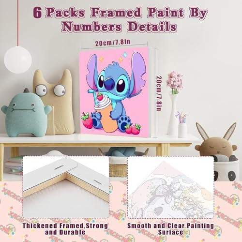 CraftyTime 6 Pack Cartoon Paint by Numbers Kits for Kids with Framed Canvas Paint by Number for Kids Ages 4-8-12, DIY Easy Acrylic Oil Painting Kits for Home Wall Decor (8X8inch)