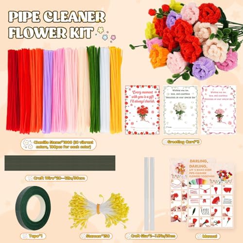 1000PCS Pipe Cleaners Flower Kit, Pipe Cleaner Bulk Craft Flower Making Kit with Instruction, 8 Colors Thick Chenille Stems for Arts DIY Craft Supplies with Greeting Card, Floral Wires, Tape, Stamen