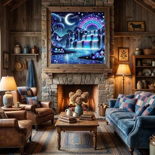 Diamond Art Kits for Adults, Waterfall Moon Diamond Painting Kit for Adults Beginners, Fantasy Rainbow Landscape Round Full Drill Diamond Dots DIY Gem Art Painting KIts for Home Decor 14 X 14 Inch