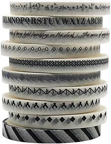 5mm Wide Slim Washi Tapes Set,10 Rolls Minimalist Black White Style Japanese Masking Decorative Tapes for Bullet Journal Planners DIY Decor Crafts Arts Scrapbooking Adhesive