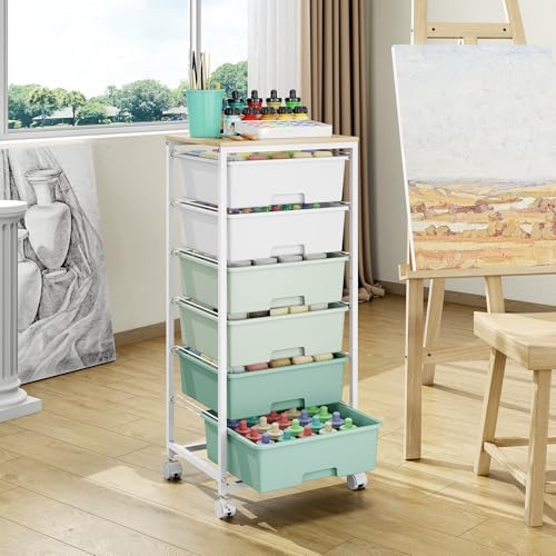 6 Drawer Rolling Storage Cart with Wooden Top and Wheels for Crafts,Green