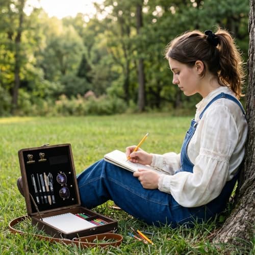 Junkin 4 Pack Writers Messenger Wood Box, Handmade Retro Crossbody Sketch Tool Box, Paulownia Wood Portable Artist Brush Storage Boxes Sketch Easel for Outdoor Painting, Stationery Storage(Walnut)