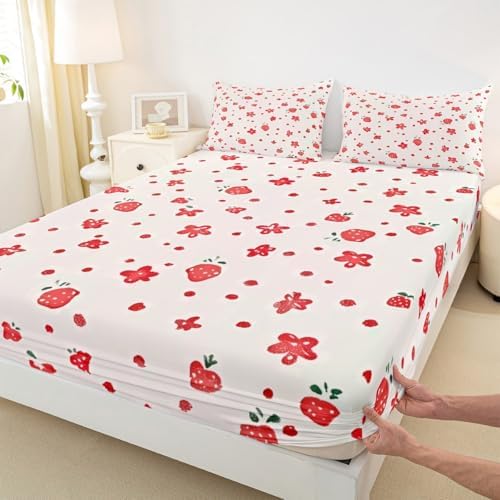 Strawberry Flower Bed Sheet Set King Size Red Fruit Floral Theme Mattress Cover Sweet Style Lovely Sheets for Boys Girls Bedroom White Red with Flat,Fitted Sheet Pillowcase 4Pcs