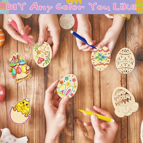 Philorn 40PCS Easter Wooden Crafts Wood Ornaments Kits | Easter Wooden Egg Crafts DIY Eggs Hanging Set for Kids Easter Party Supplies Kids Painting Arts Crafts Spring Home