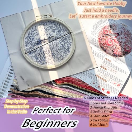 FONNUY Embroidery Kit for Beginners, Hummingbird Flowers Pre-Stamped Pattern Kits for Adults with Hoop, Easy to Follow Color Thread Needlework, 8''Hoop (Pink)