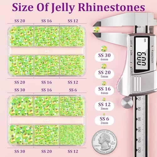 Resin Jelly Rhinestones for Crafting with B7000 Jewelry Glue, 2 Boxes Fluorescent Green AB Flatback Crystals with 2Pcs 10ml Glue, Bedazzling Non Hotfix Gems for DIY Tumblers Clothing Shoes Manicure