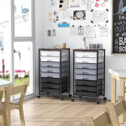 SYKIARIOL Rolling Cart with Drawers,8 Drawers Utility Cart,Grey Gradient | Craft Organizers and Storage with Wooden Tabletop for Living Room,Classroom,Bedroom,Bathroom,Dorm,Office
