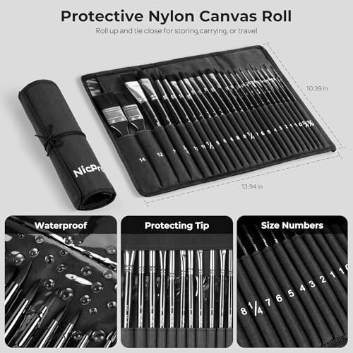 Nicpro Watercolor Brushes Professional, 24pcs Soft Synthetic Squirrel Brush