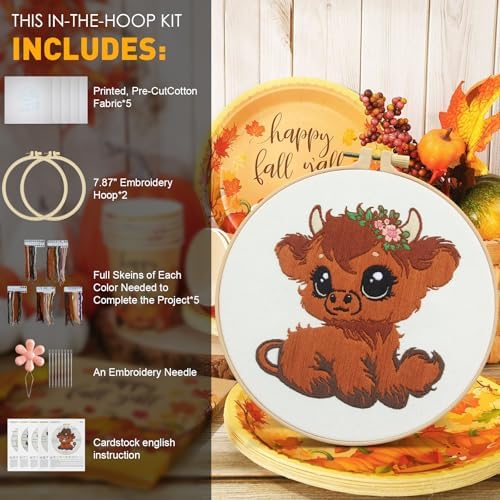 Kuabiz 5 Sets Highland Cow Embroidery Kits for Beginners Cross Stitch Kit for Adults Highland Cow Pattern Embroidery Starter Kit Embroiderys Hoop Needlepoint Kits with Instruction Needles Threads