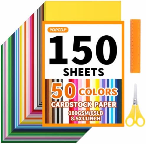 150 Sheets 8.5" X 11" Colored Cardstock, 50 Assorted Colors 180 GSM/65 LB Construction Paper, Craft Set with Scissors and Ruler, Printer Paper for Scrapbooking, DIY Crafts and Decorations