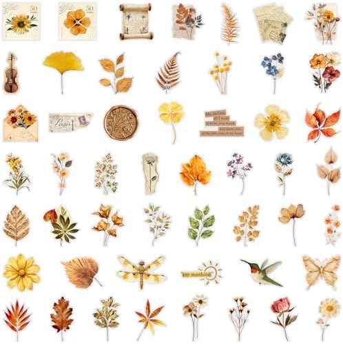 50 Pcs Vintage Flower Stickers Waterproof for Scrapbooking