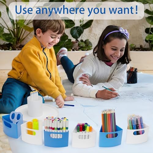 Rotating Art Supply Organizer Storage Caddy for Kids, 7 Bins Craft Crayon Marker Organizers for School Desk, Lazy Susan Pencil Holder for Classroom Organizations (blue and white)