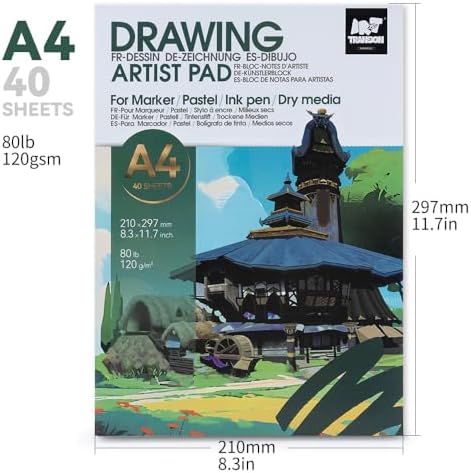 TRANSON A4 Sketchbook Marker Pad, 80lb/120gsm Heavyweight Art Paper, No Bleed Through, 40 Sheets/80 Pages 8.3"x11.7" for Drawing & Sketching