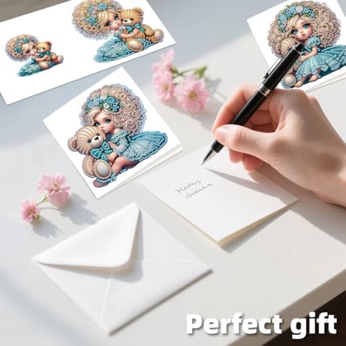 C'eitura 12Pcs Cartoon Girl Diamond Art Painting Greeting Card Kit with Envelopes, DIY Cute Theme Christmas Birthday Thanksgiving Card Making Set, Cute Style Handmade Card Craft