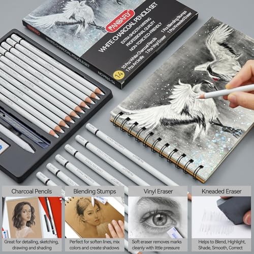 PANDAFLY Professional White Charcoal Pencils Set, 14 Piece