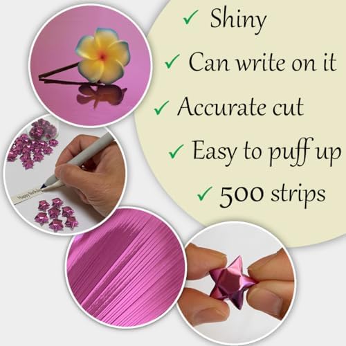 500-Strips Pink Foil Paper Strips for Making Origami Stars, Lucky Stars, Puff Star. Reflective Mirror Shiny Paper Strips, 0.5 x 11 inch. (Pink Foil, 500)