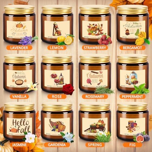 Autumn Harvest Scented Candles Gift Set – 12 Pack Fall Soy Wax Candles with Essential Oils, 3.5oz Amber Jar Candles for Home Decor, Thanksgiving & Halloween Gifts