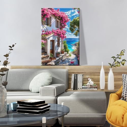 ATDMS Paint by Numbers Kit for Adults with Frame Landscape Paint by Number with Easel DIY Flowers House Adult Paint by Number Kits Paint by Numbers Kit on Canvas for Gift Home Wall Decor 8x12 Inch