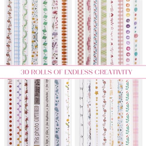 EORTA 30 Rolls Pastel Floral Washi Tape Set, Thin 5mm Skinny Masking Tape (0.19 Inch Wide), Decorative Planner Tape for Scrapbooking, Journaling, Gift Wrapping & DIY Crafts, Soft Floral Planner Set