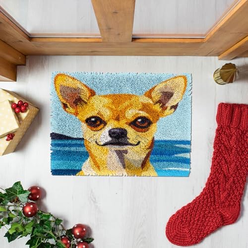 Latch Hook Kit Rug for Adults Chihuahua Dog with Sea Pre-Printed Handmade Carpet Crochet Yarn Craft DIY Hook and Latch Door Mat Tapestry Home Floor Decoration 52x38cm-3