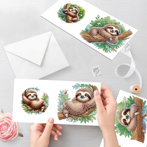 antor 6-Pack Sloth Diamond Art Greeting Cards – DIY 5D Diamond Painting Greeting Card Kits for Adults with Envelopes, Relaxing Rhinestone Card Kit Featuring Cute Hanging Sloths on Tree Branches