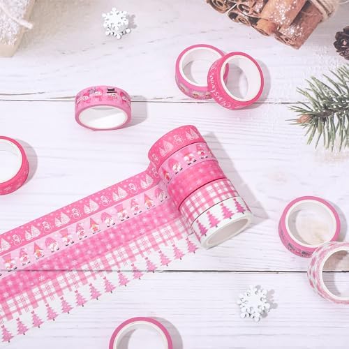 Whaline 12 Rolls Pink Christmas Washi Tape Winter Snowflake Santa Xmas Tree Washi Tape Christmas Holiday Pink Decorative Masking Tape Assortment for Scrapbook Journal DIY Crafts Gift Wrapping
