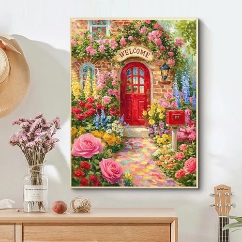 Welcome Spring Flower Diamond Art Kits for Adults, Diamond Painting Kits for Adults for Beginners, DIY Diamond Dots Art Kits, 5D Full Round Drill Gem Art Painting Kits for Home Wall Decor, 12x16in