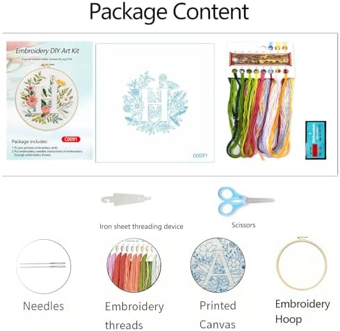 Zhenqing Letter H Embroidery Kit for Beginners, Pre-Printed 29x29cm Cotton Fabric with 20cm Hoop, Elegant Floral Monogram Design (C0091)