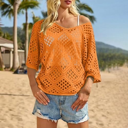 Bohemian Crochet Tops for Women 3/4 Sleeve V-Neck Open Knit Pullover Beach Cover Ups Hollow Out Boho Vacation Blouse