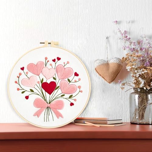 Heart Flower Embroidery Kits for Beginners Adults, Pink Embroidery Starter Kits, Counted Cross Stitch Kits for Adults Anniversary Valentine's Day Gift, Embroidery Hoops, Fabric Thread & Video Tutorial
