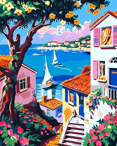 ZTOTZ Paint by Numbers kit for Adults Village, Paint by Number Canvas with Pink Flower, Italy Paint by Color for Adults for Christams Home Decor (16x20inch)