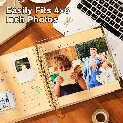 8x8 Scrapbook Album, Handmade Lokta Paper Cover, 40 Pages 250gsm Acid-Free Kraft Paper, DIY Memory Photo Album with Metal Corners & Inner Pocket for Wedding, Anniversary, Baby, Family