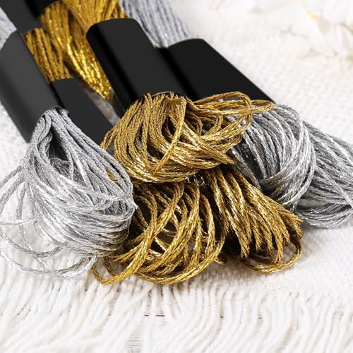 6 Skeins Embroidery Threads, Metallic Embroidery Floss (Gold + Silver)