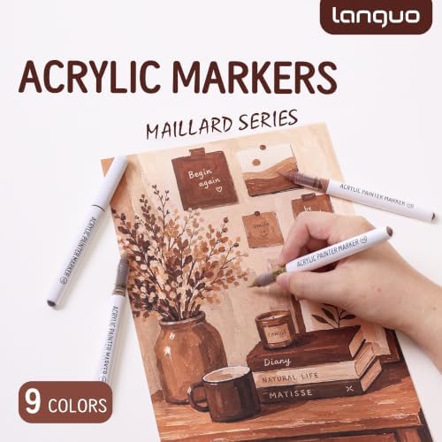 languo Acrylic Paint Markers, 9 Colors Maillard Series, Soft Brush Tip