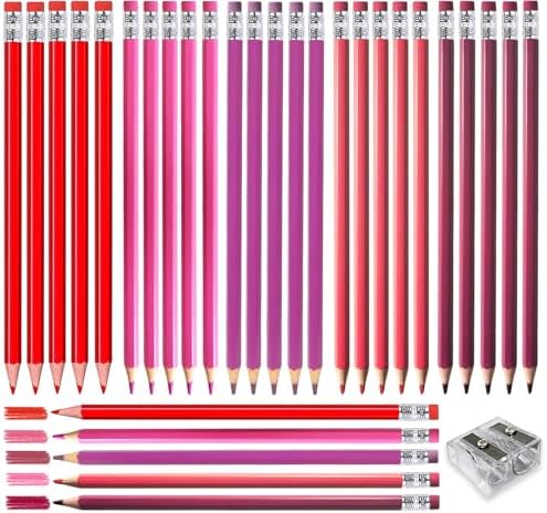 Adhere 25pcs Checking Pencils Erasable colored Pencils Pre-Sharpened #2 HB,for Checking Tests Grading,Map Coloring, editing Office Favors,including a Free sharpener. (Mixed Pink+Red)