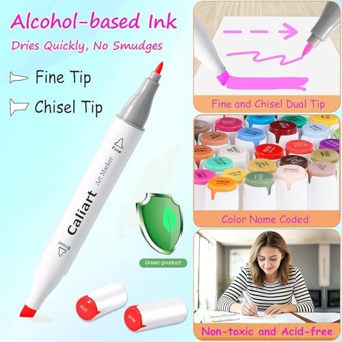 Caliart 52 Colors Alcohol Markers Dual Tip, Fine & Chisel Permanent Pens | Art Markers for Adult Coloring Books No Bleeding, Beginners Artists Drawing Sketch Illustration Painting Art Supplies Gift