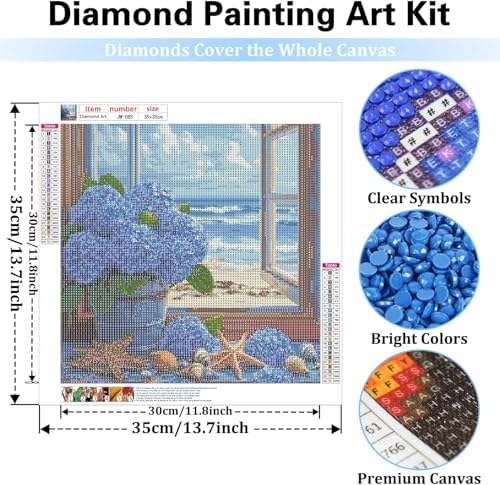 GEWOUVIN Window Side Hydrangea Diamond Art Kits for Adults,Seaside Diamond Painting Kits for Adults Beginners,DIY Full 5D Round Drill Gem Art Kits for Gift Home Wall Decor【13.8x13.8inch】