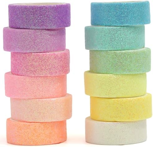 Glitter Washi Tape Set 12 Rolls Sparkling Foil Decorative Sprinkle Colored Masking Tapes for Arts, DIY Crafts, Journals, Planners, Scrapbook, Wrapping (12 Colors)