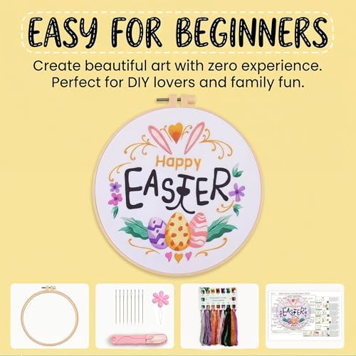 Harimau Adult Beginner Embroidery Starter Kit, Complete Set with 4 Patterns, 2 Hoops, Needles, Scissors, Instruction Guide & Stitching Video Tutorials
