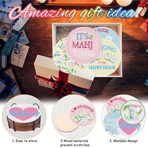 8 Pack Mahjong Diamond Art Coasters Kit for with Holder & Cork Backing