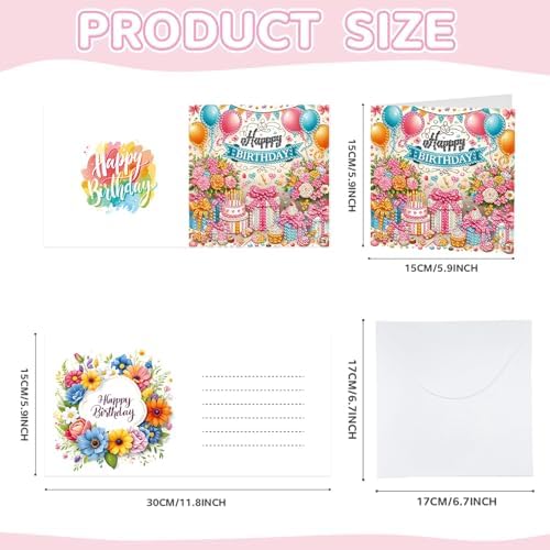 Zyvoreva 12 PCS Birthday Diamond Art Greeting Cards with Envelopes, Cake Square Diamond Painting Greeting Cards Kit for Adults DIY Holiday(Birthday)