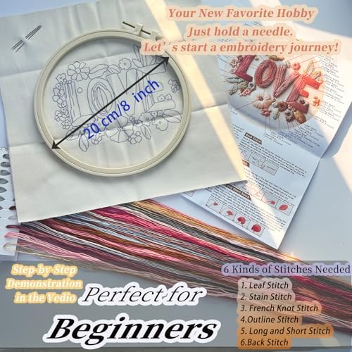 FONNUY I Love You Embroidery Kit for Beginners, Pre-Stamped Pattern Kits, Romantic Anniversary for Women Men, Valentine's Day Gifts Thread Needlework, 8'' Hoop (Love 01)