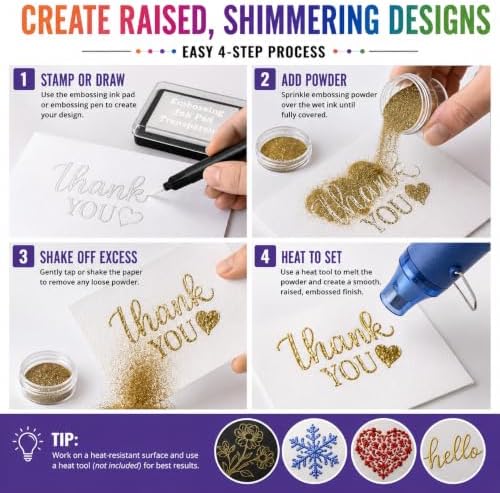 Embossing Kit, Powder, Clear Embossing Pen, Embossing Ink Pad, 8X 10ml Embossing Powders for Use with Embossing Heat Tool for Crafts