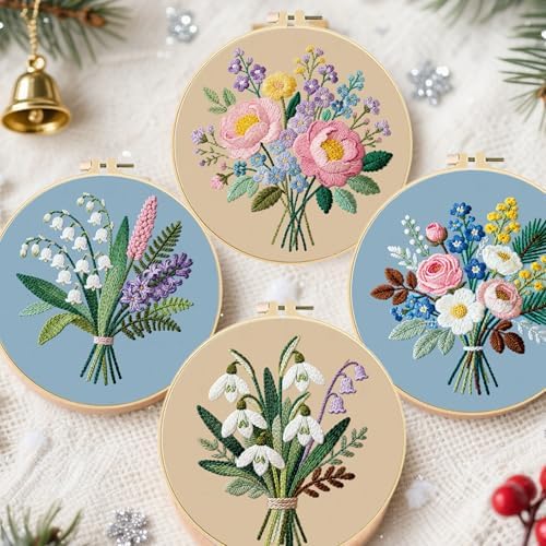 FREEBLOSS 4 Sets Embroidery Kit for Beginners Needlepoint Bouquet Stamped Embroidery Starter Kit with Instructions, Needles, Threads, 2 Hoops 11.6"/29.5CM