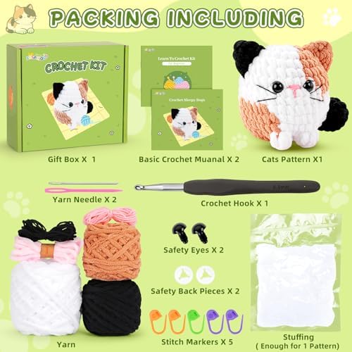 Cat Crochet Kit for Beginners-Calico Cat Crochet Kits for Adults Kids, Crochet Starter Kit with Step-by-Step Video Tutorials,Crochet Animal Kits Learn to Crochet Kits for Adults Kids